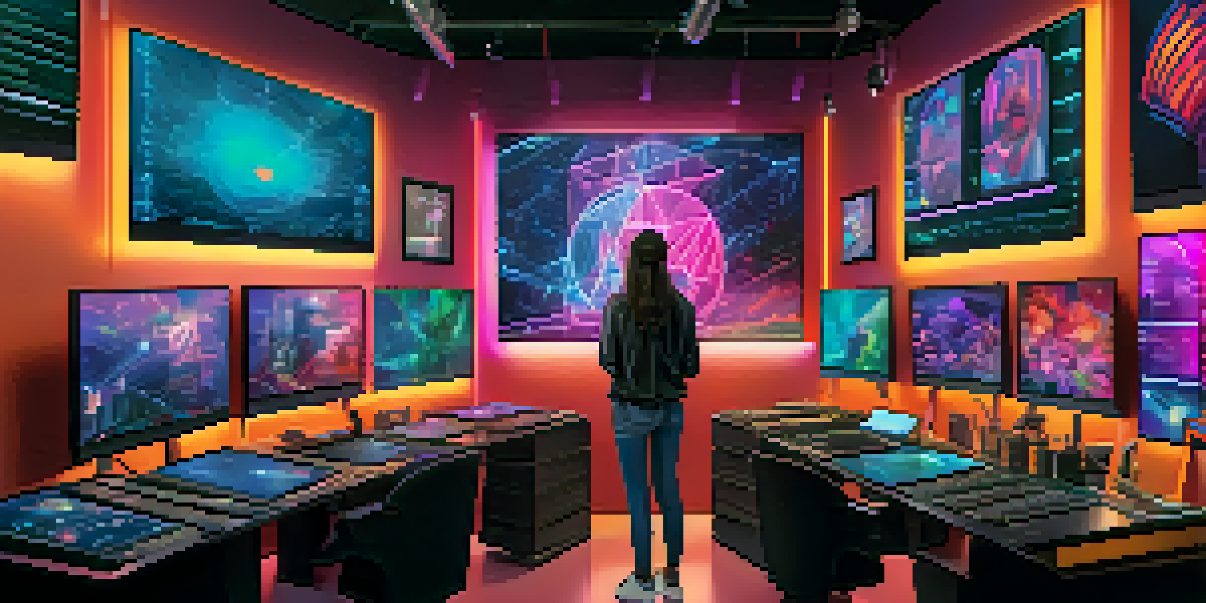 A digital artist working in a studio filled with colorful artwork and screens that show blockchain technology graphs.