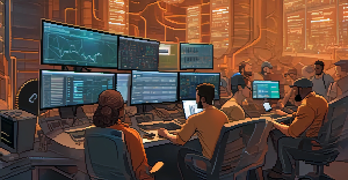 A diverse group of cryptocurrency miners collaborating around a computer setup, focused on their screens filled with data.