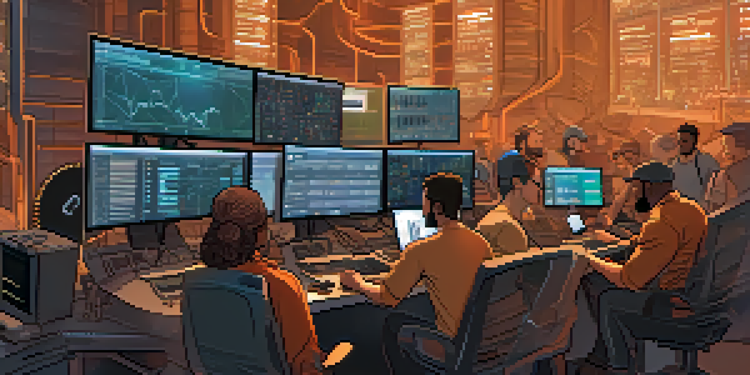 A diverse group of cryptocurrency miners collaborating around a computer setup, focused on their screens filled with data.