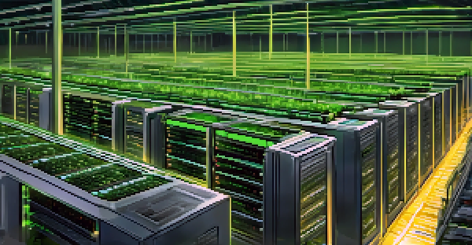 An interior view of a cryptocurrency mining facility filled with computer servers and green plants, emphasizing technology and sustainability.