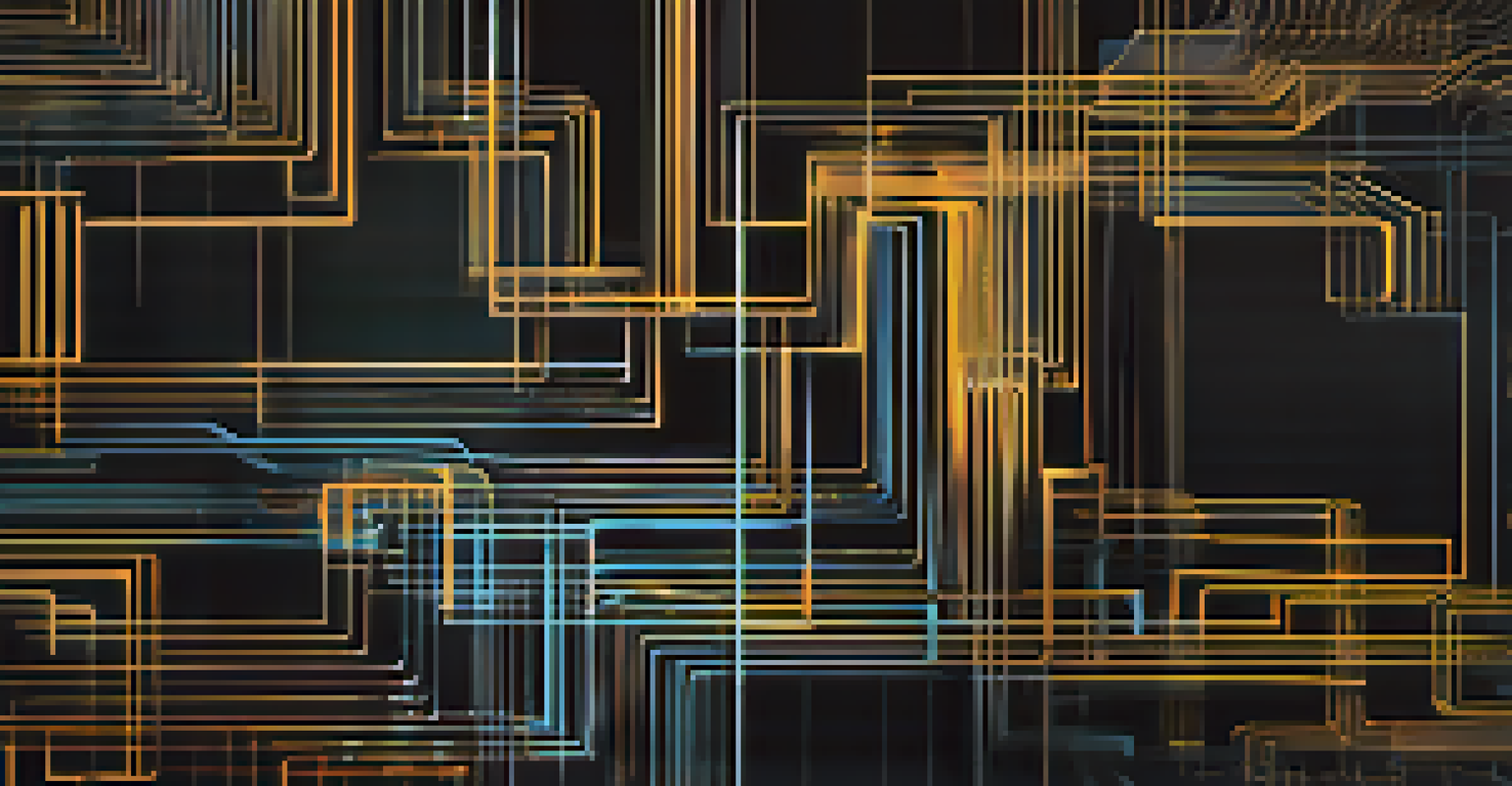 An abstract illustration of blockchain technology with interconnected blocks and flowing digital data on a dark background.