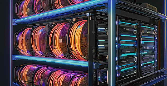 A close-up view of a cryptocurrency mining rig with glowing lights and complex wiring, set against a dark background.