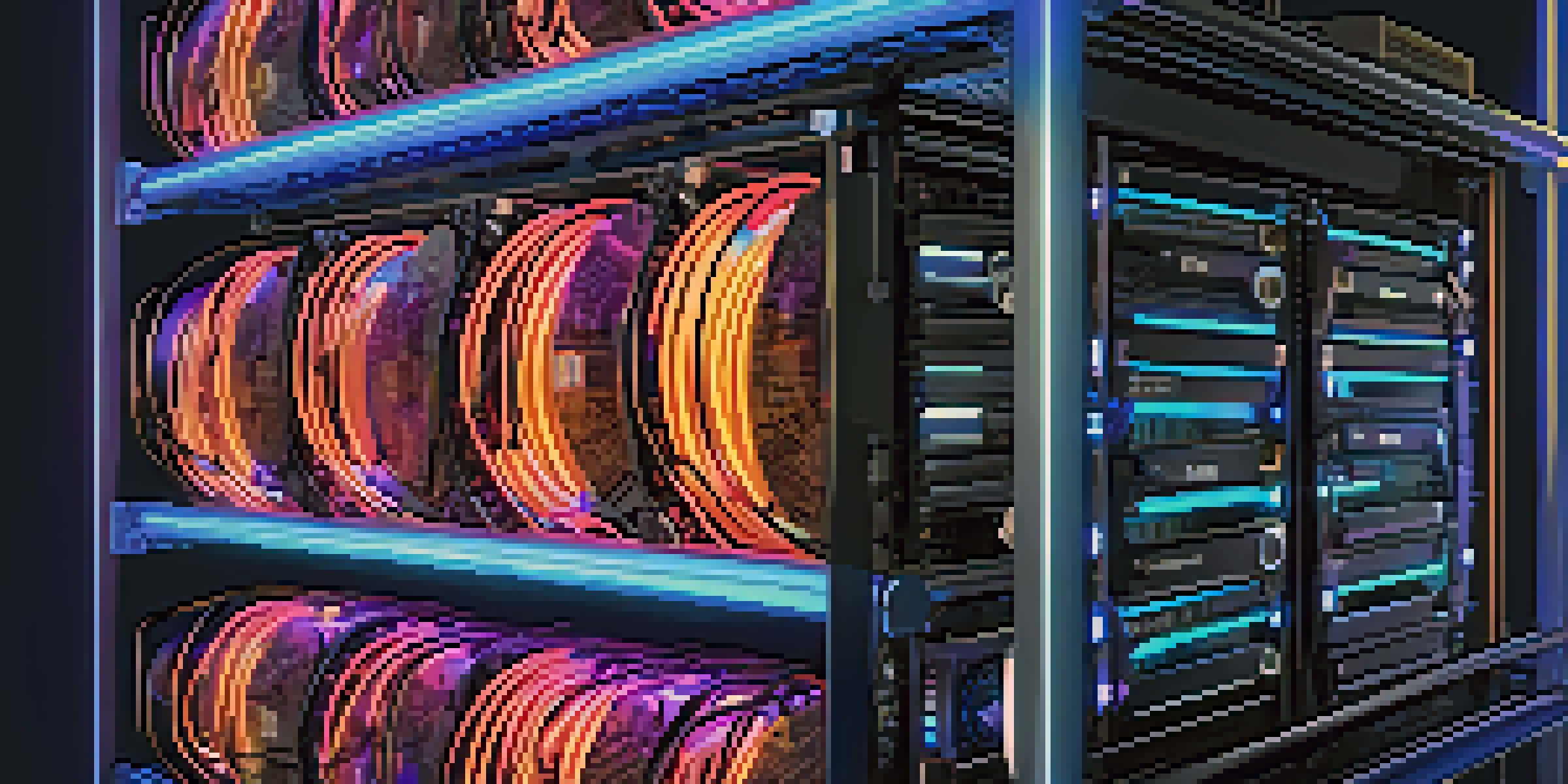 A close-up view of a cryptocurrency mining rig with glowing lights and complex wiring, set against a dark background.