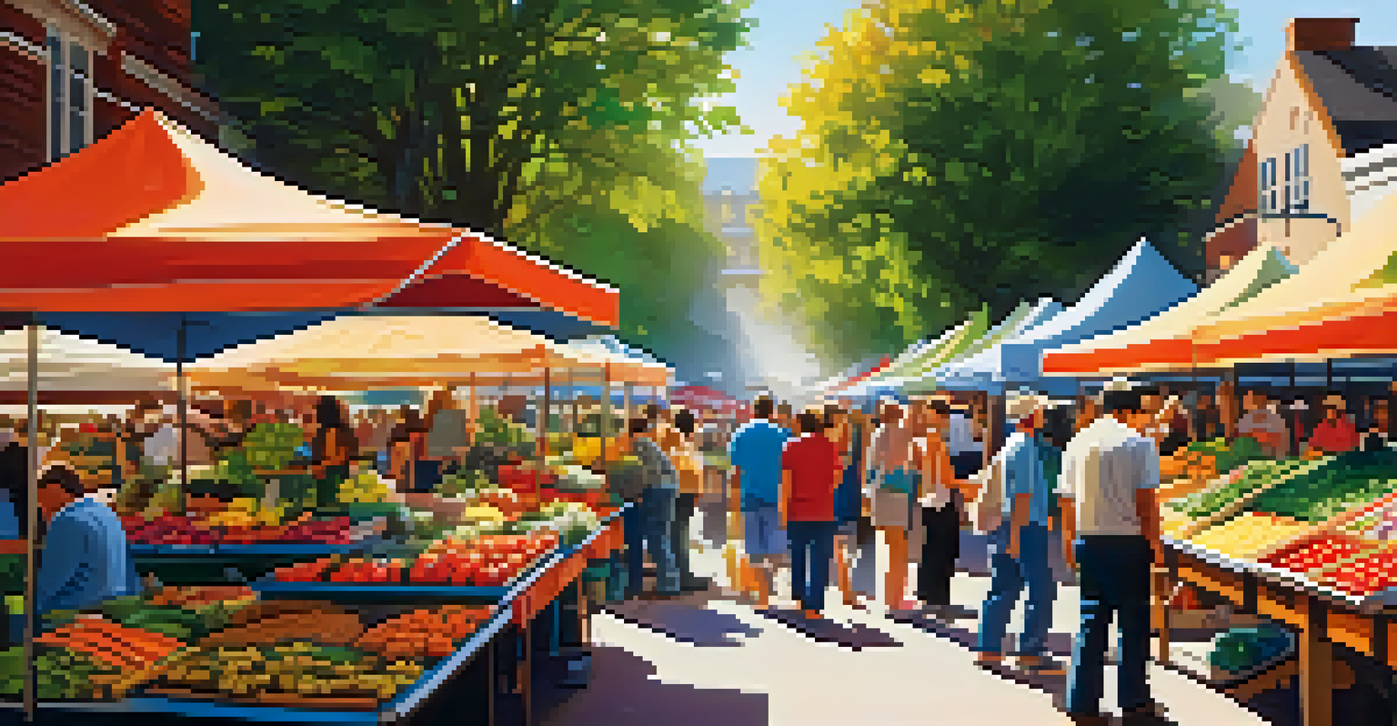 A vibrant farmers' market filled with stalls of fresh produce and flowers, bustling with people.