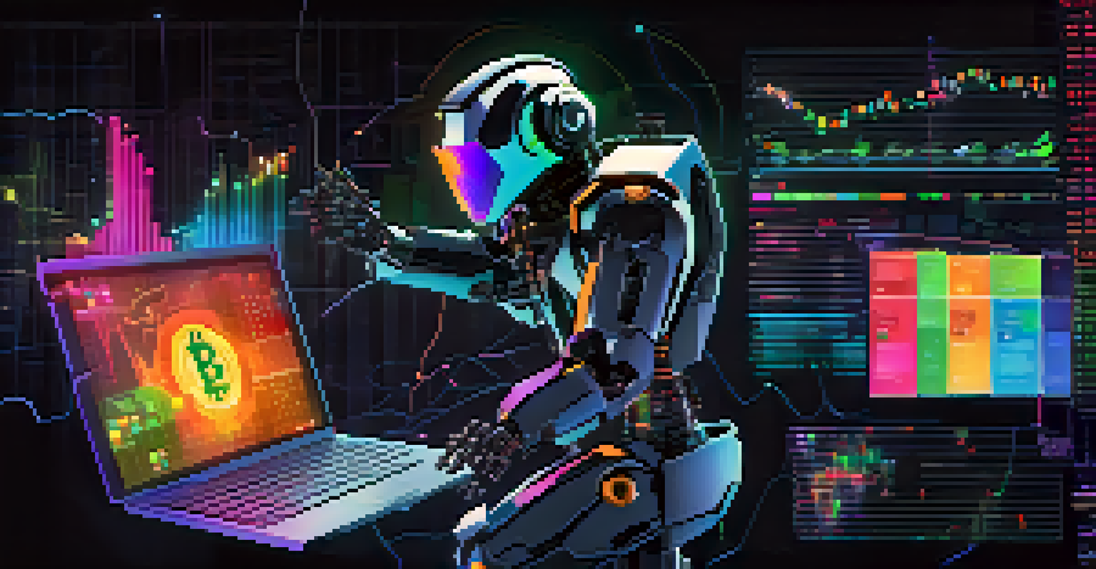 An abstract image depicting a crypto trading bot analyzing market data, with colorful graphs and digital currency symbols.