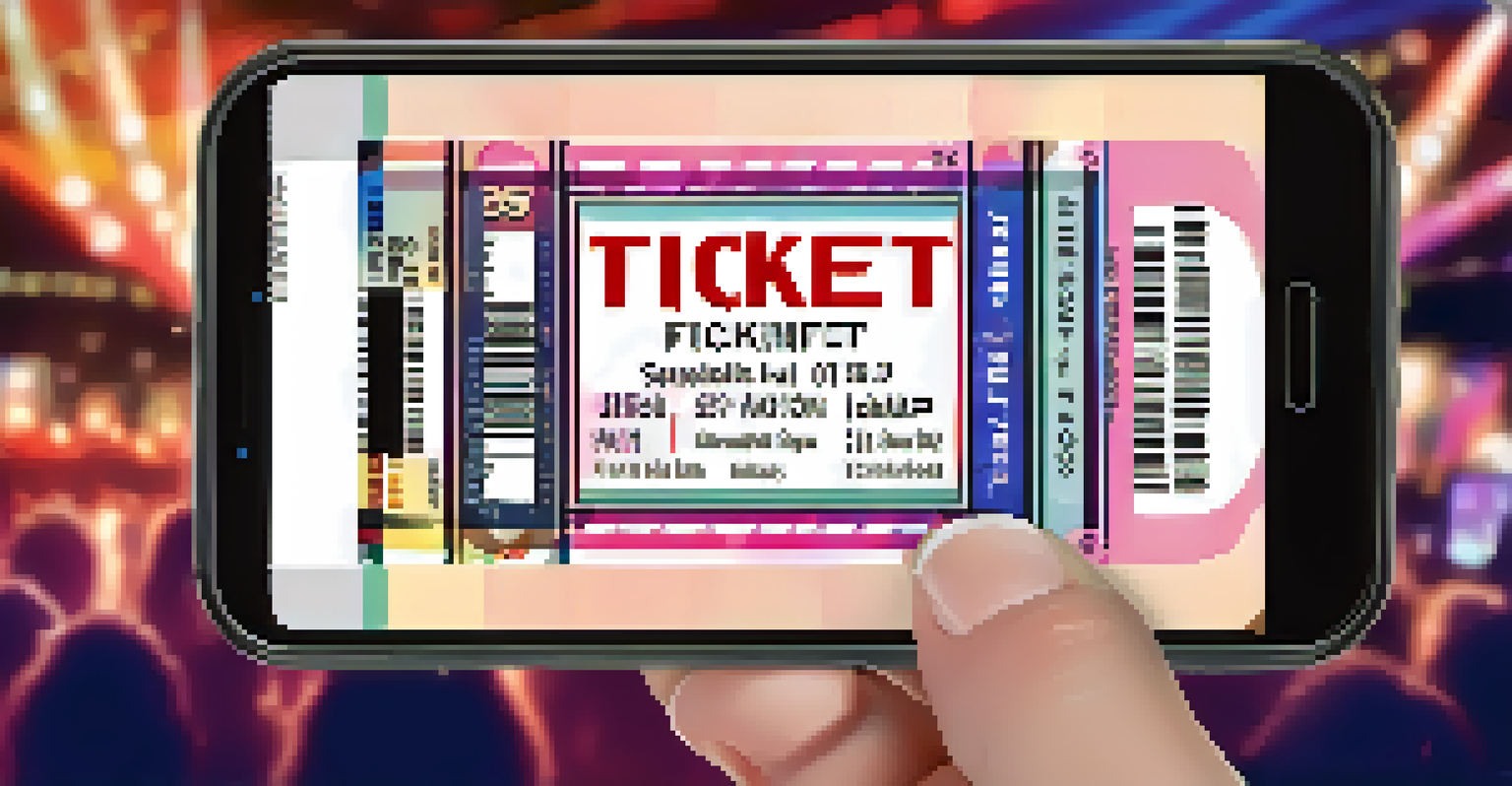 A close-up of a digital NFT ticket on a smartphone, with intricate designs and holographic elements against a concert venue backdrop.