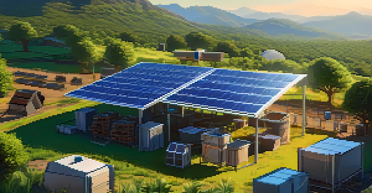 A solar-powered cryptocurrency mining setup in a natural outdoor setting with solar panels and a mining rig.