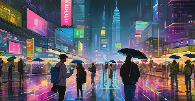A lively urban scene at night with neon lights and people using smartphones to explore cryptocurrencies.