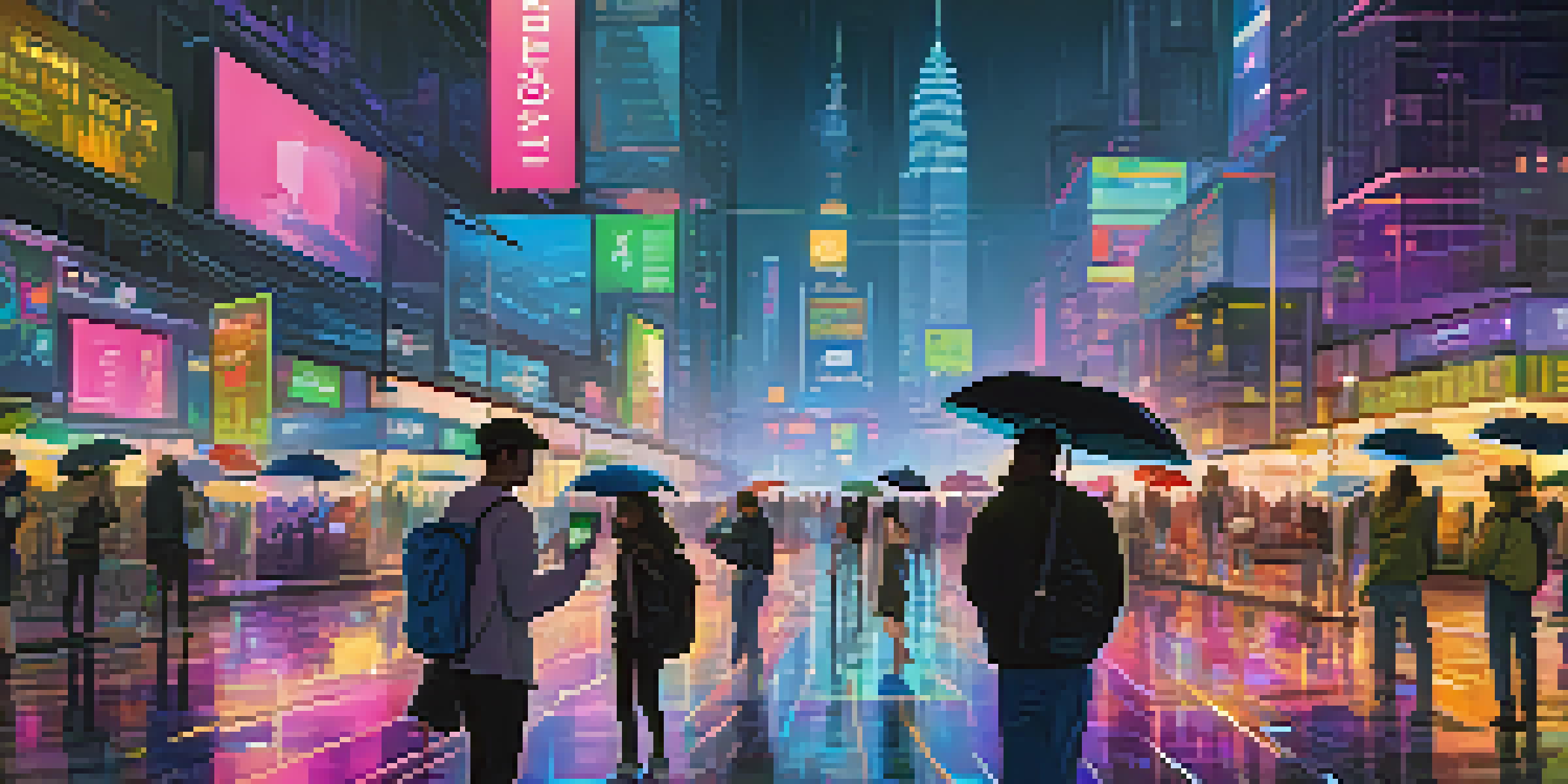 A lively urban scene at night with neon lights and people using smartphones to explore cryptocurrencies.