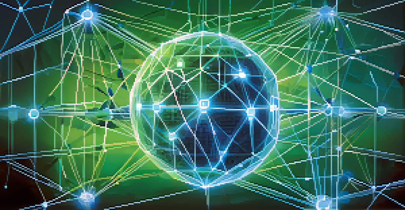 An abstract illustration of a blockchain network with glowing nodes connected by lines.