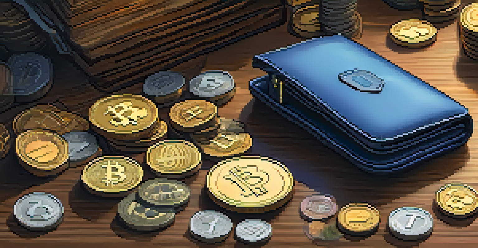 A secure hardware wallet on a wooden desk, surrounded by colorful cryptocurrency coins, illuminated by warm lighting.