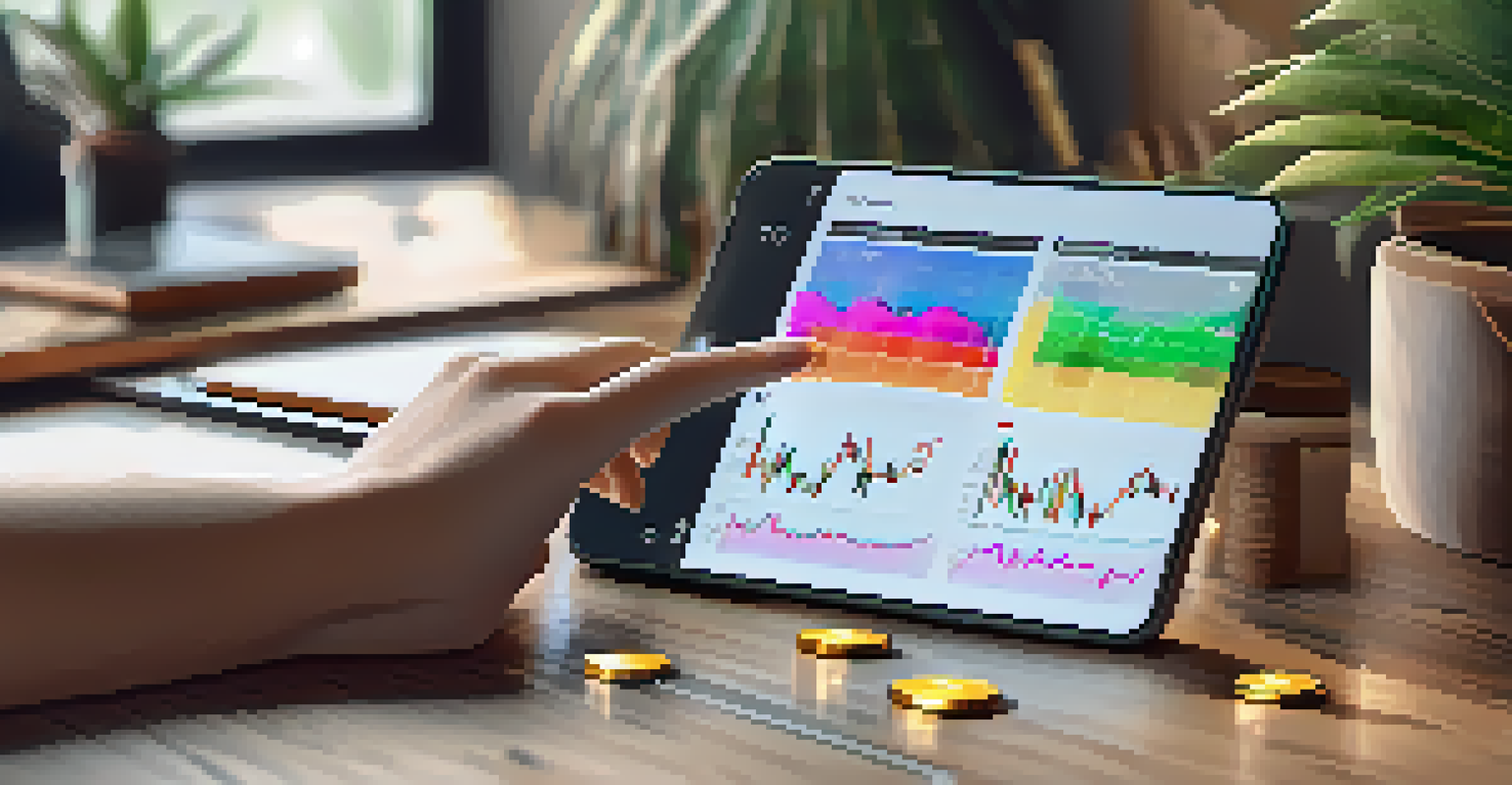 A close-up of a woman's hand holding a smartphone with cryptocurrency charts on a wooden desk, surrounded by a plant and a notebook.