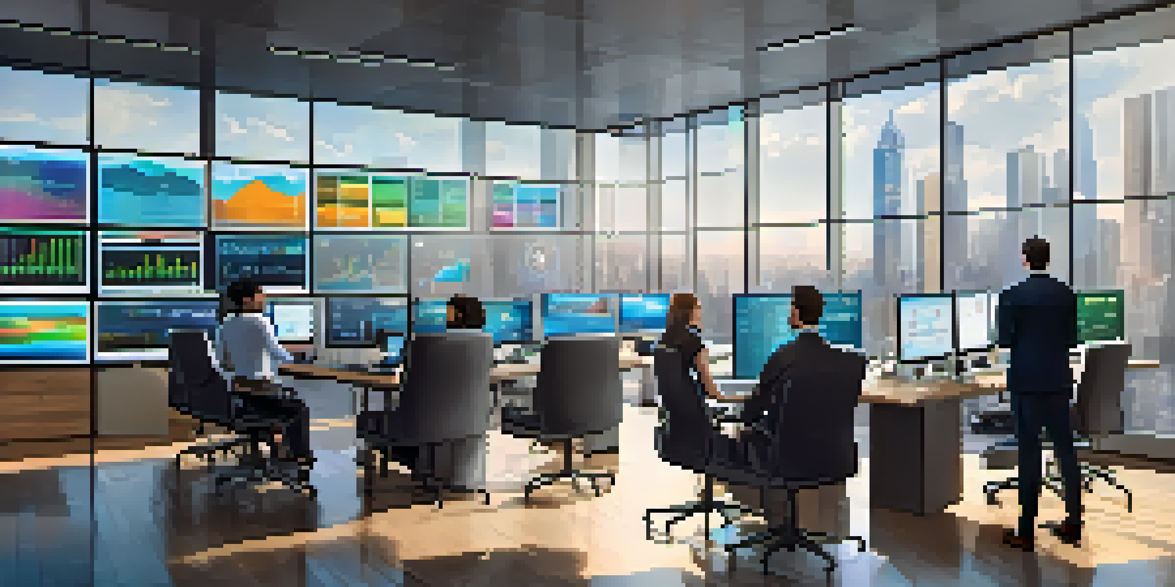 A diverse team of professionals in a bright financial office analyzing cryptocurrency trends on digital screens.