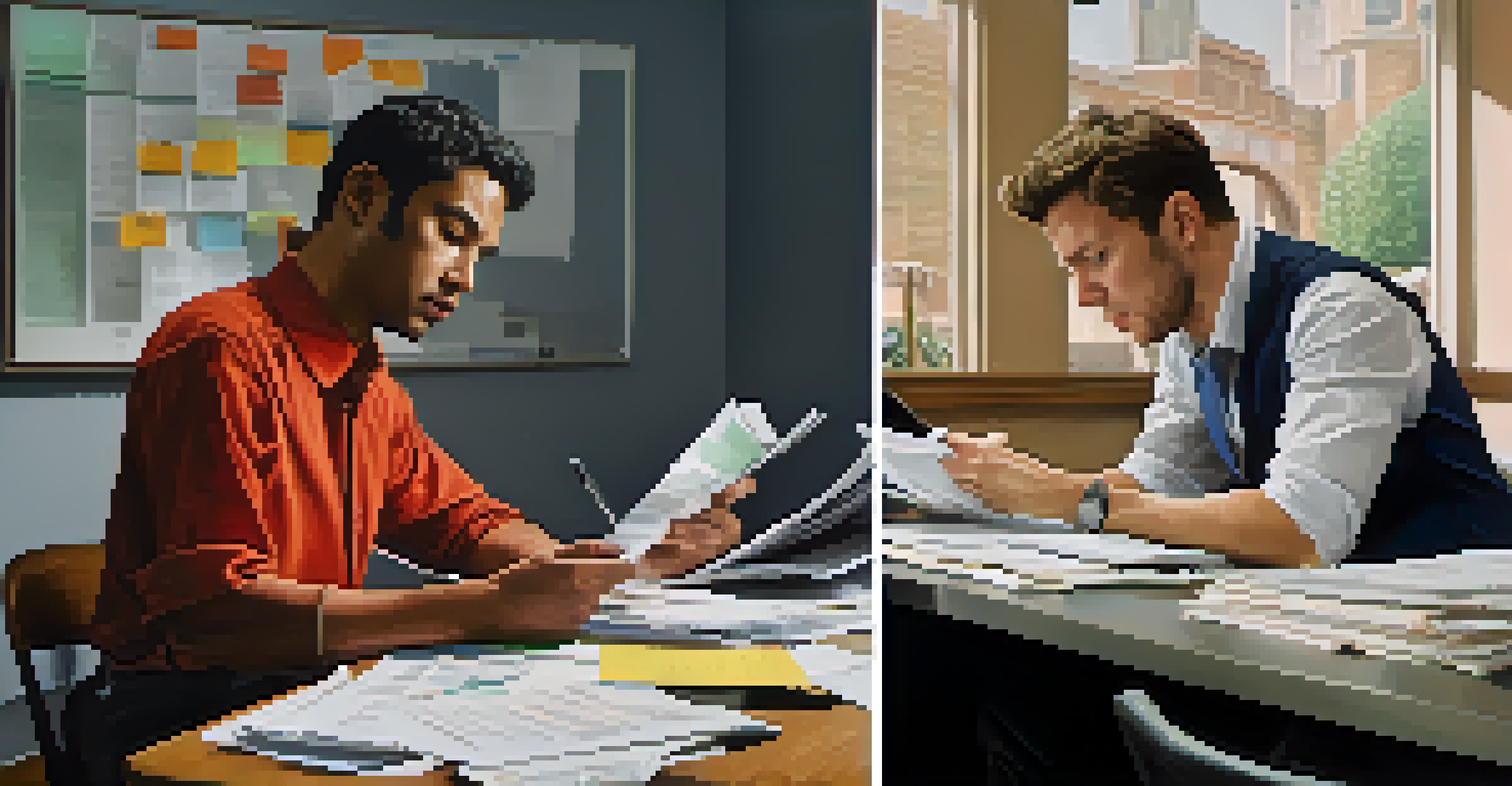 A split image showing frustration in a traditional insurance office and relaxation using a smartphone for decentralized insurance.