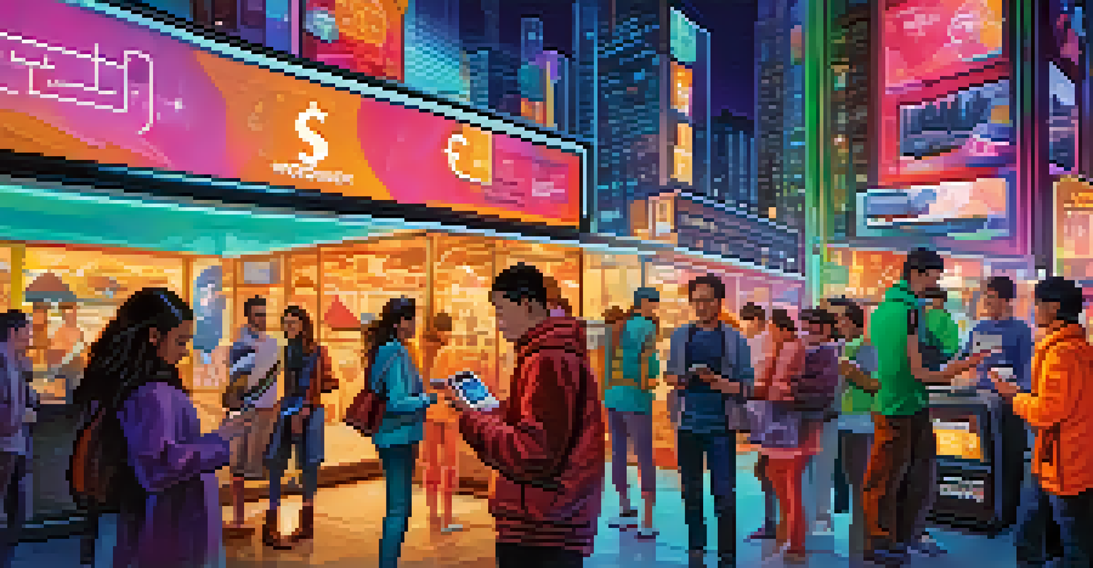 A vibrant urban scene with people using smartphones for mobile payments, set against a modern cityscape with bright lights.