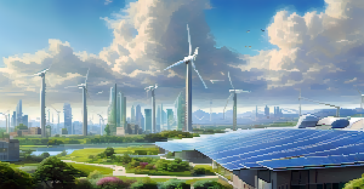 A futuristic cityscape with solar panels, green rooftops, and wind turbines under a clear blue sky.
