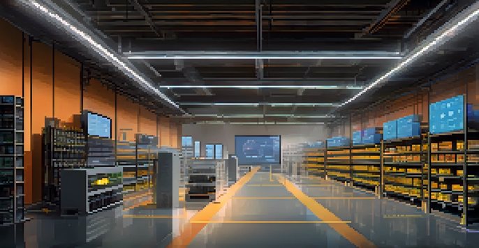 A modern warehouse with IoT sensors and digital screens monitoring products, showcasing a high-tech environment.