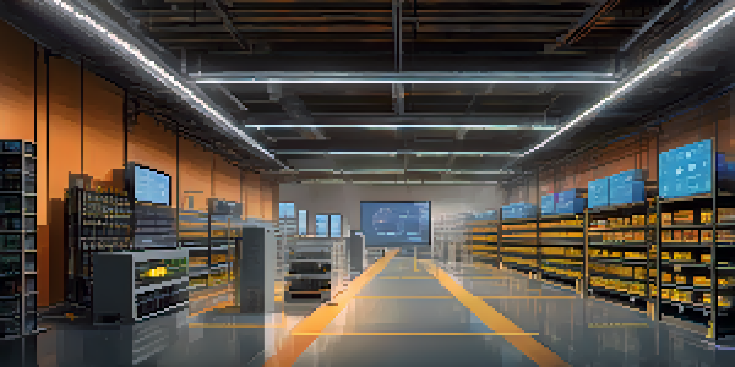 A modern warehouse with IoT sensors and digital screens monitoring products, showcasing a high-tech environment.