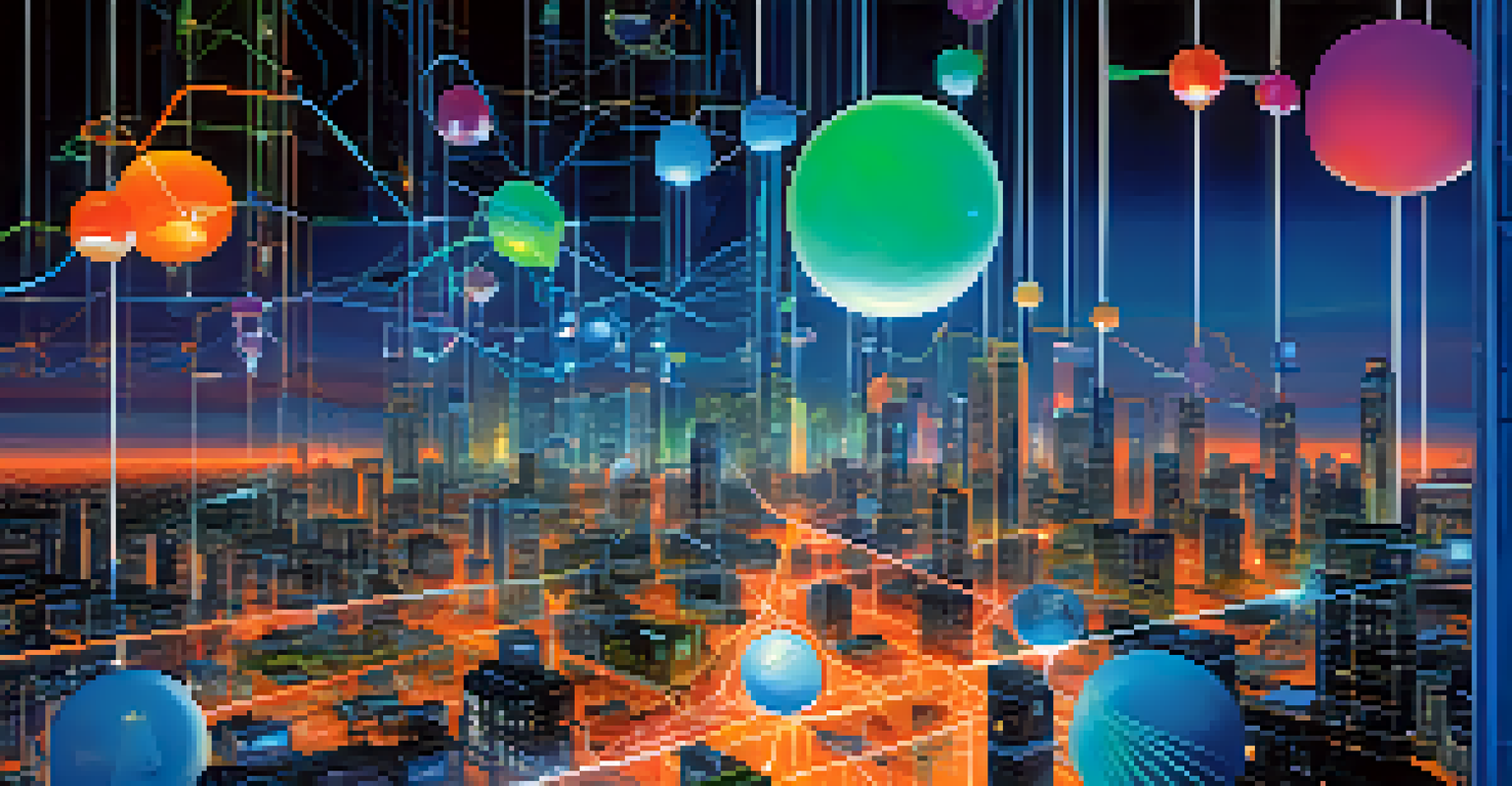 An abstract image depicting oracles linking real-world data to a blockchain network with vibrant colors and a cityscape background.