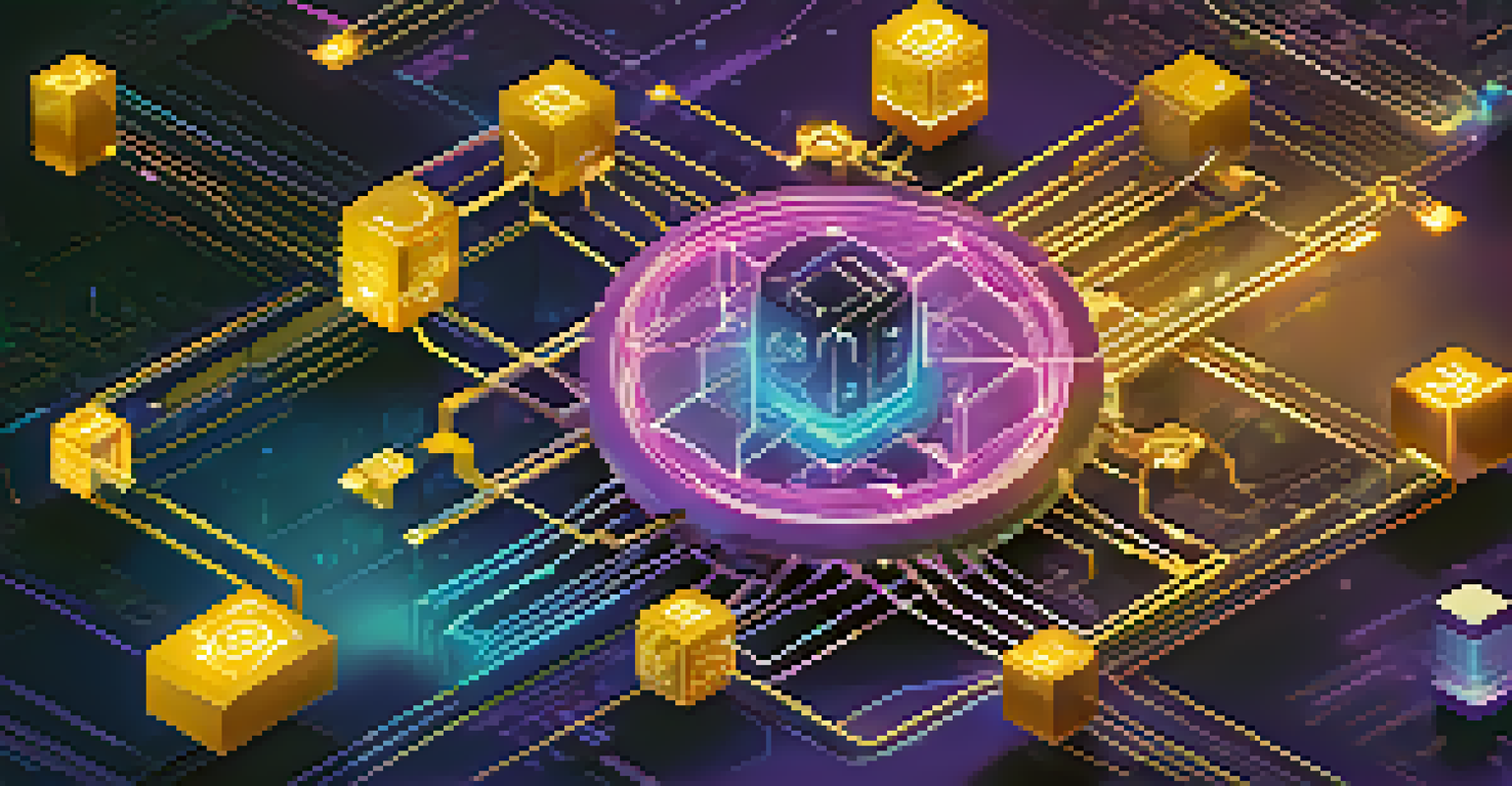 An abstract representation of decentralized finance with interconnected digital nodes and vibrant colors, showcasing various financial service icons.
