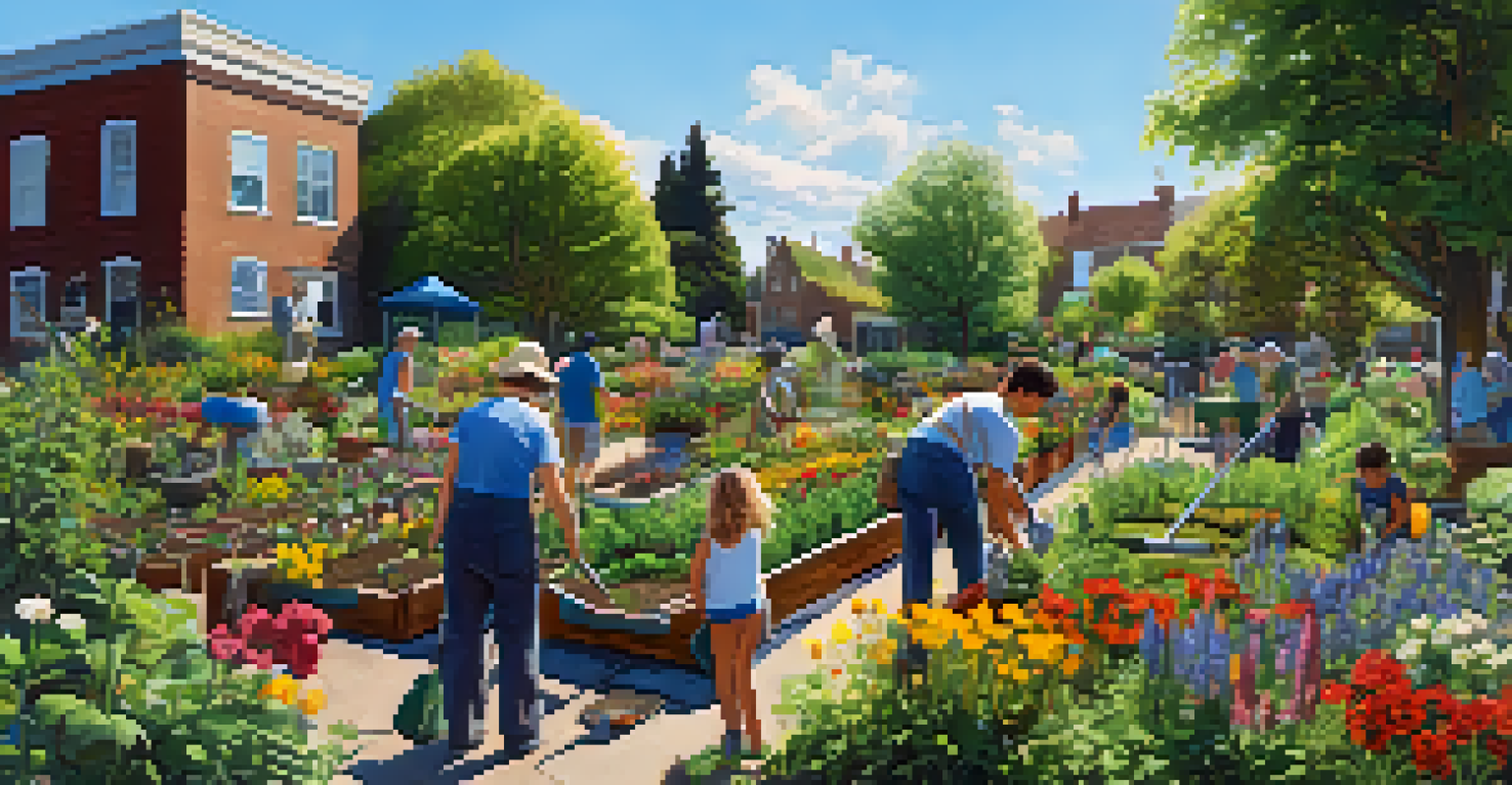 A community garden with diverse plants and flowers, featuring people of different ages working together under a sunny blue sky.