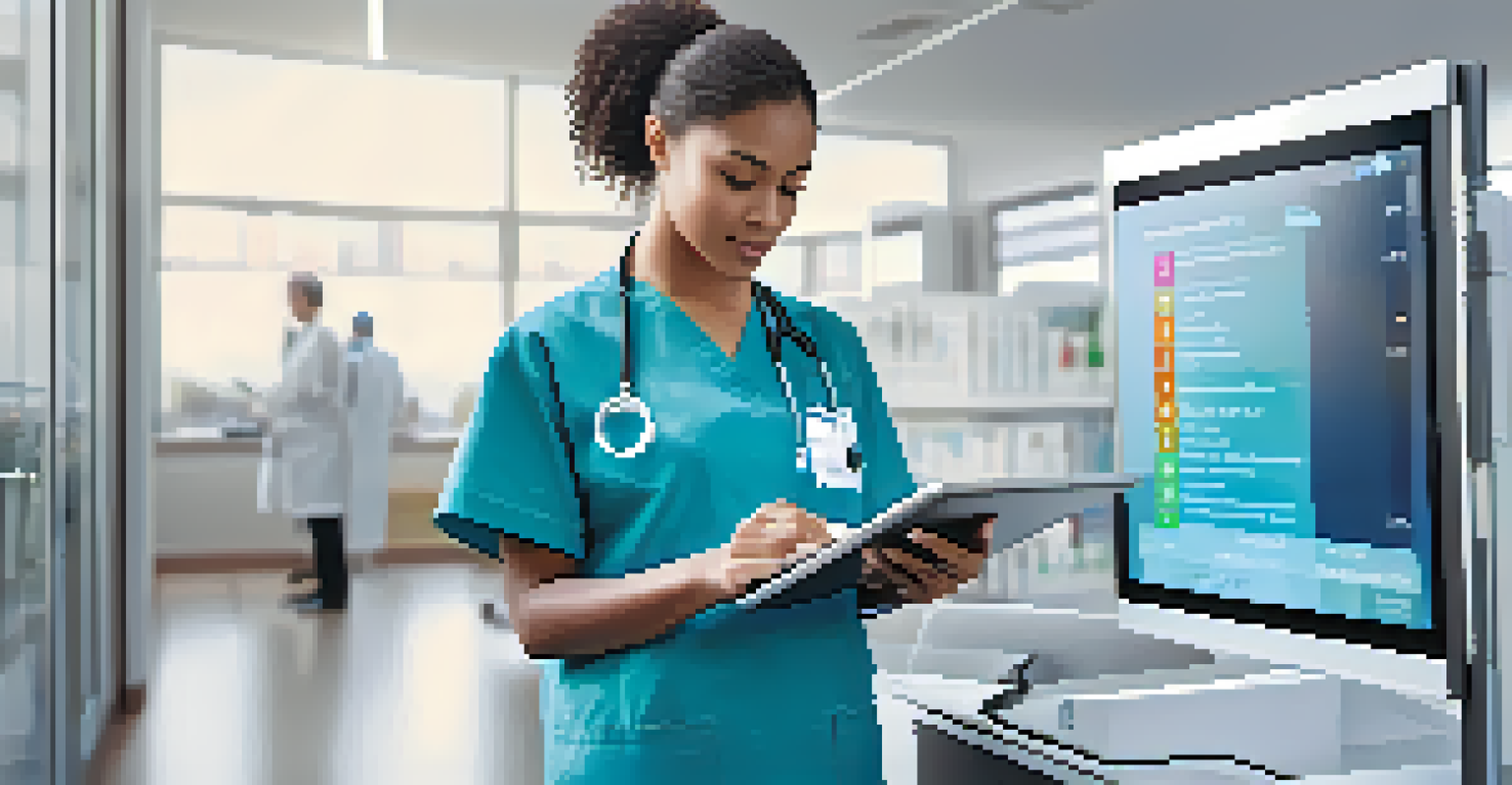 A healthcare professional in a modern clinic accessing patient records on a tablet, showcasing a blockchain interface.