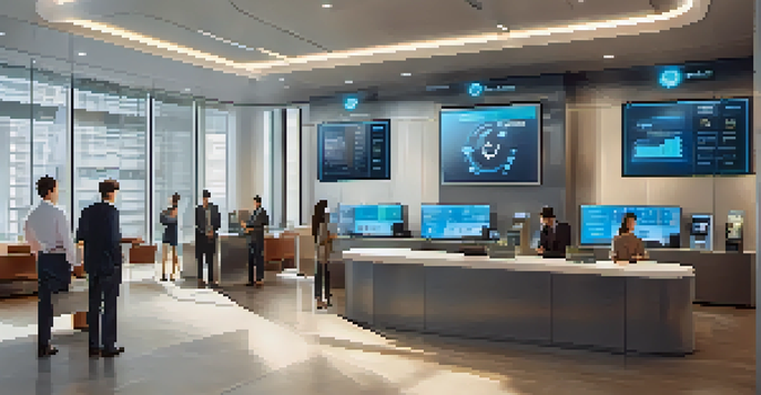 A modern bank office with digital screens showing cryptocurrencies, bright sunlight, and employees assisting customers.