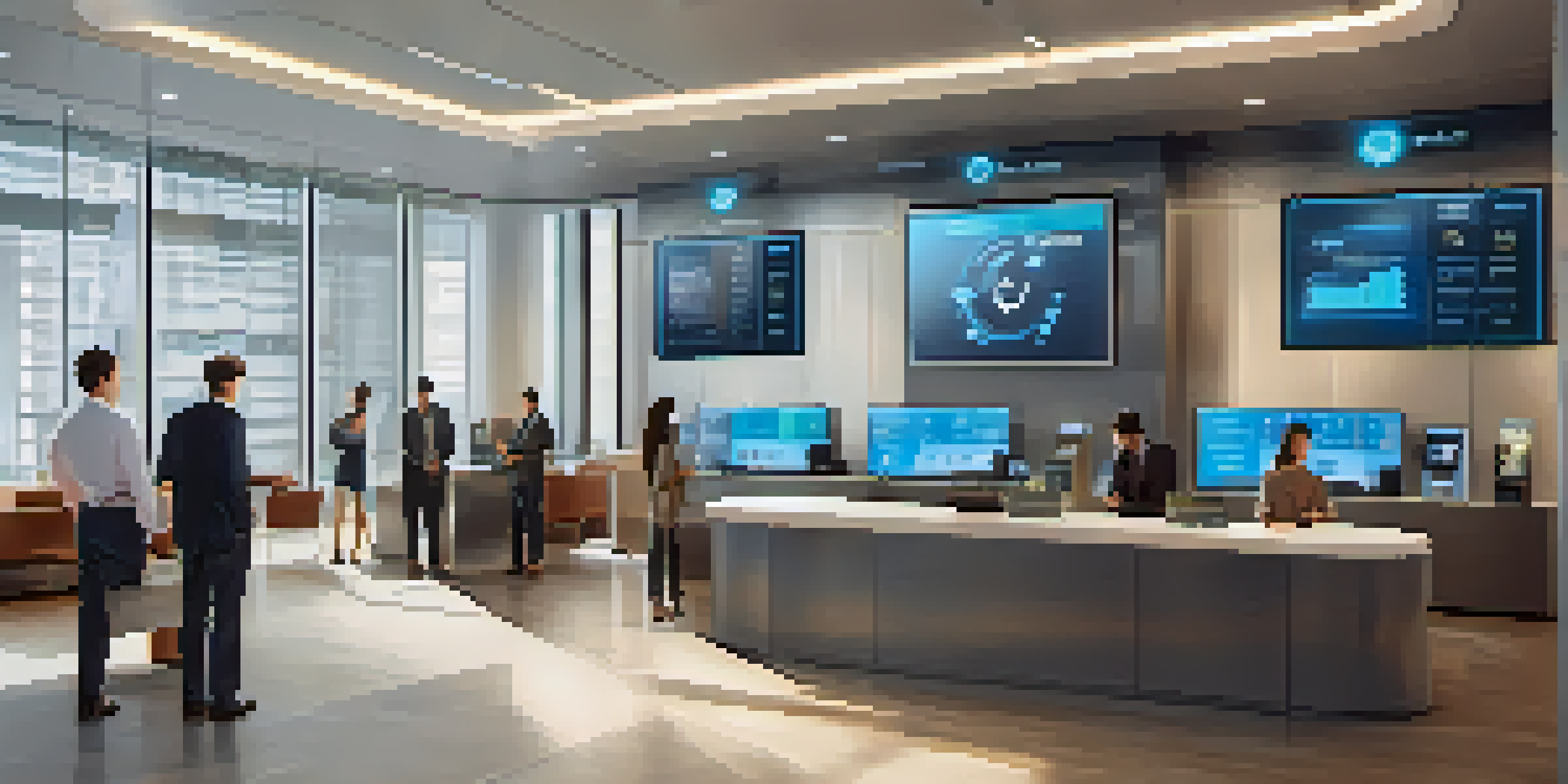 A modern bank office with digital screens showing cryptocurrencies, bright sunlight, and employees assisting customers.