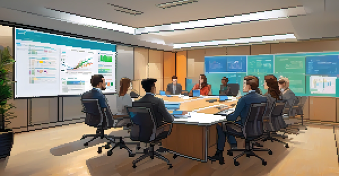 A diverse group of asset managers in a bright office discussing cryptocurrency investment strategies with charts on a screen.