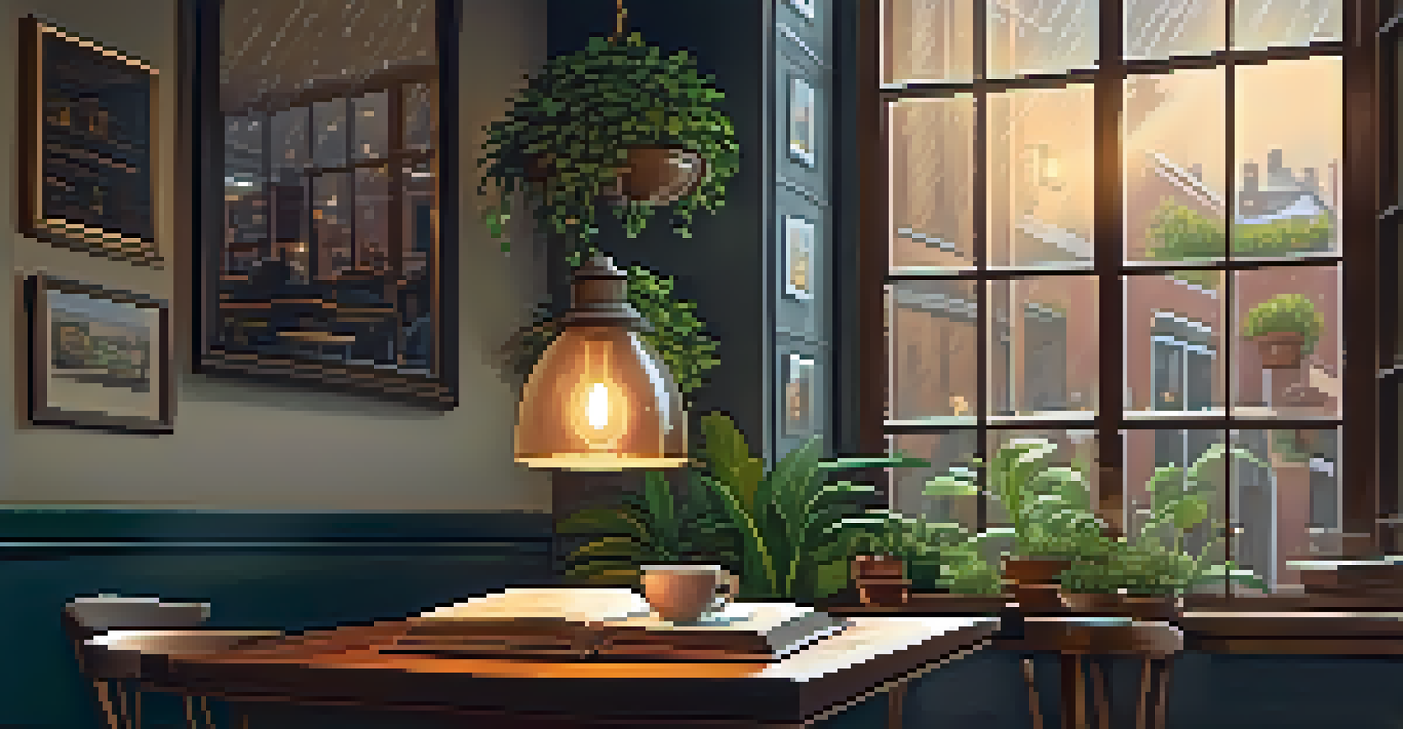 A warm coffee shop interior with a cup of coffee and an open book on a wooden table, with rain outside.