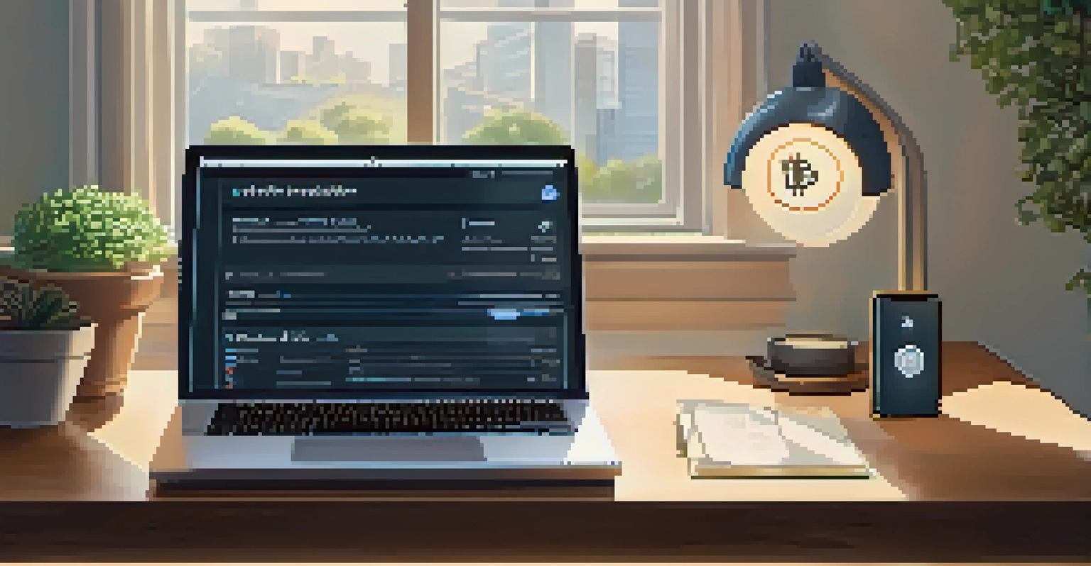 A workspace with a laptop open to a legitimate cryptocurrency exchange and a smartphone showing a two-factor authentication app, all in a well-lit environment.