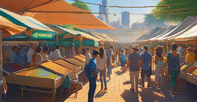 A lively marketplace illustrating Decentralized Finance concepts with people engaged in transactions and digital screens showing cryptocurrency prices.