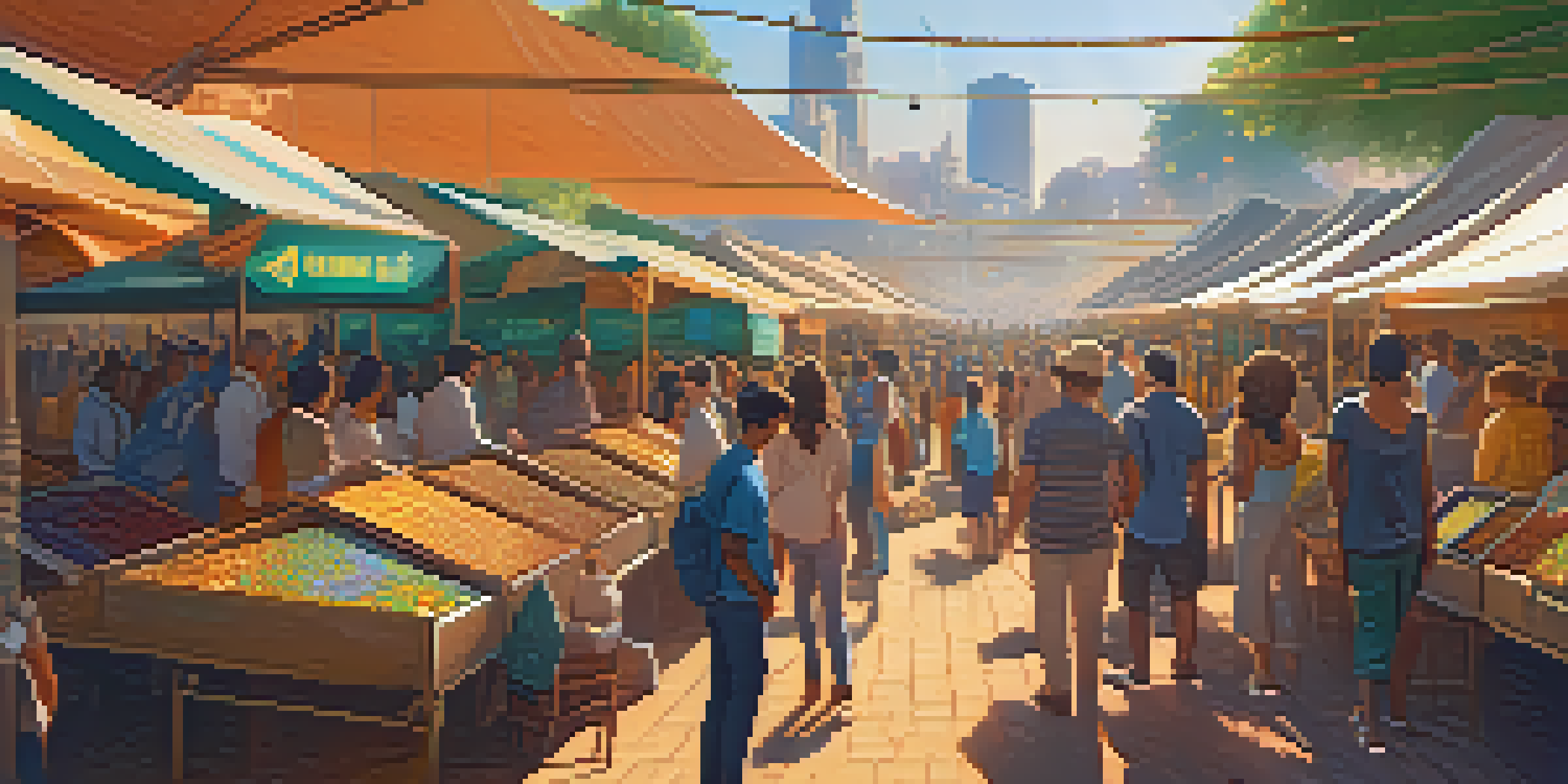 A lively marketplace illustrating Decentralized Finance concepts with people engaged in transactions and digital screens showing cryptocurrency prices.