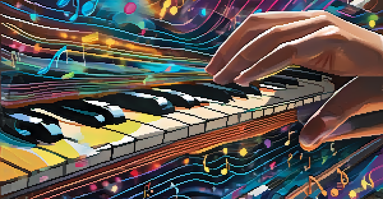 A close-up of a musician's hands playing an instrument, with digital notes and colorful sound wave visualizations in the background.