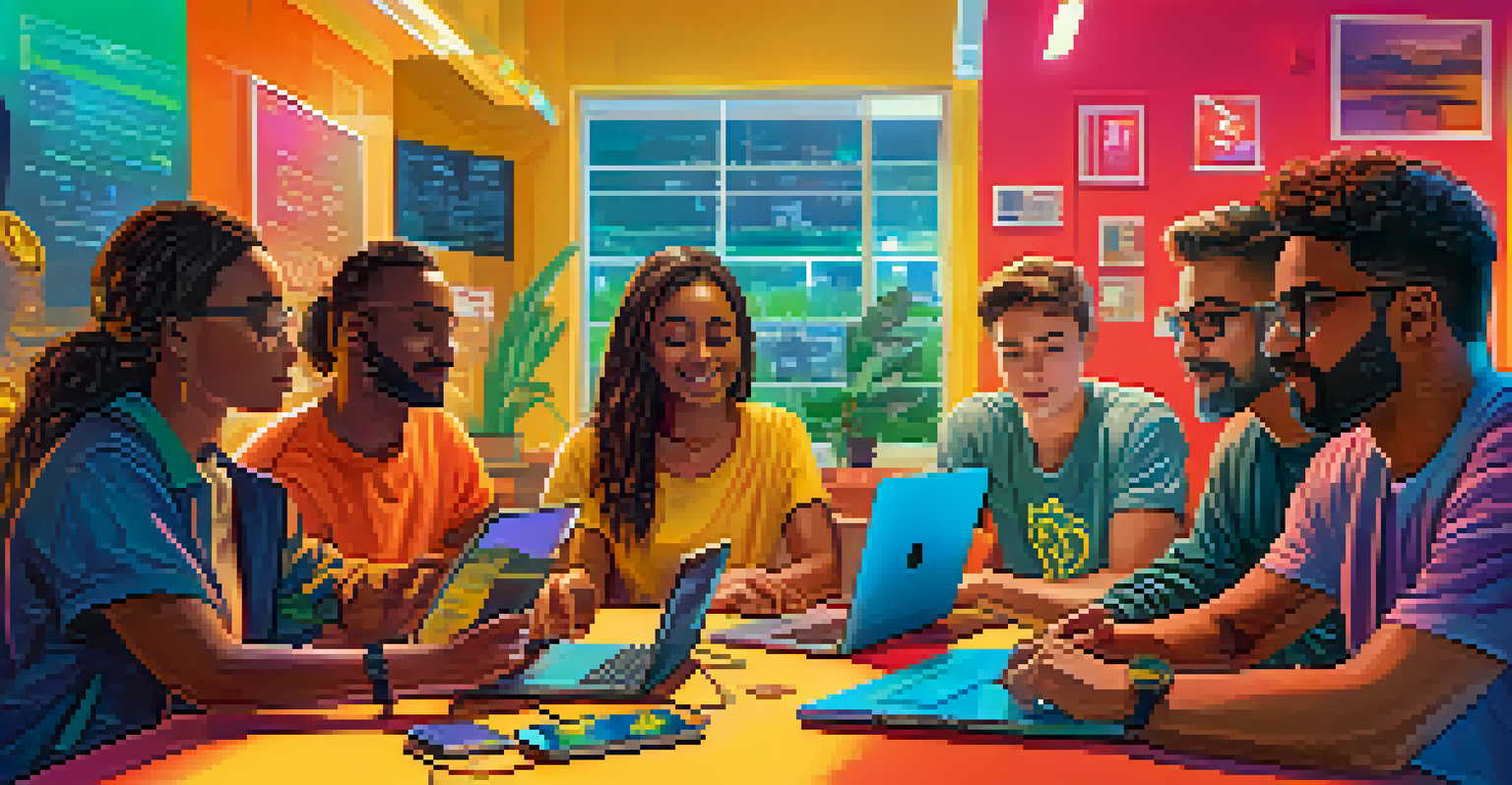 A diverse group of young adults engaged in a lively discussion about cryptocurrency investments around a table with laptops and smartphones.
