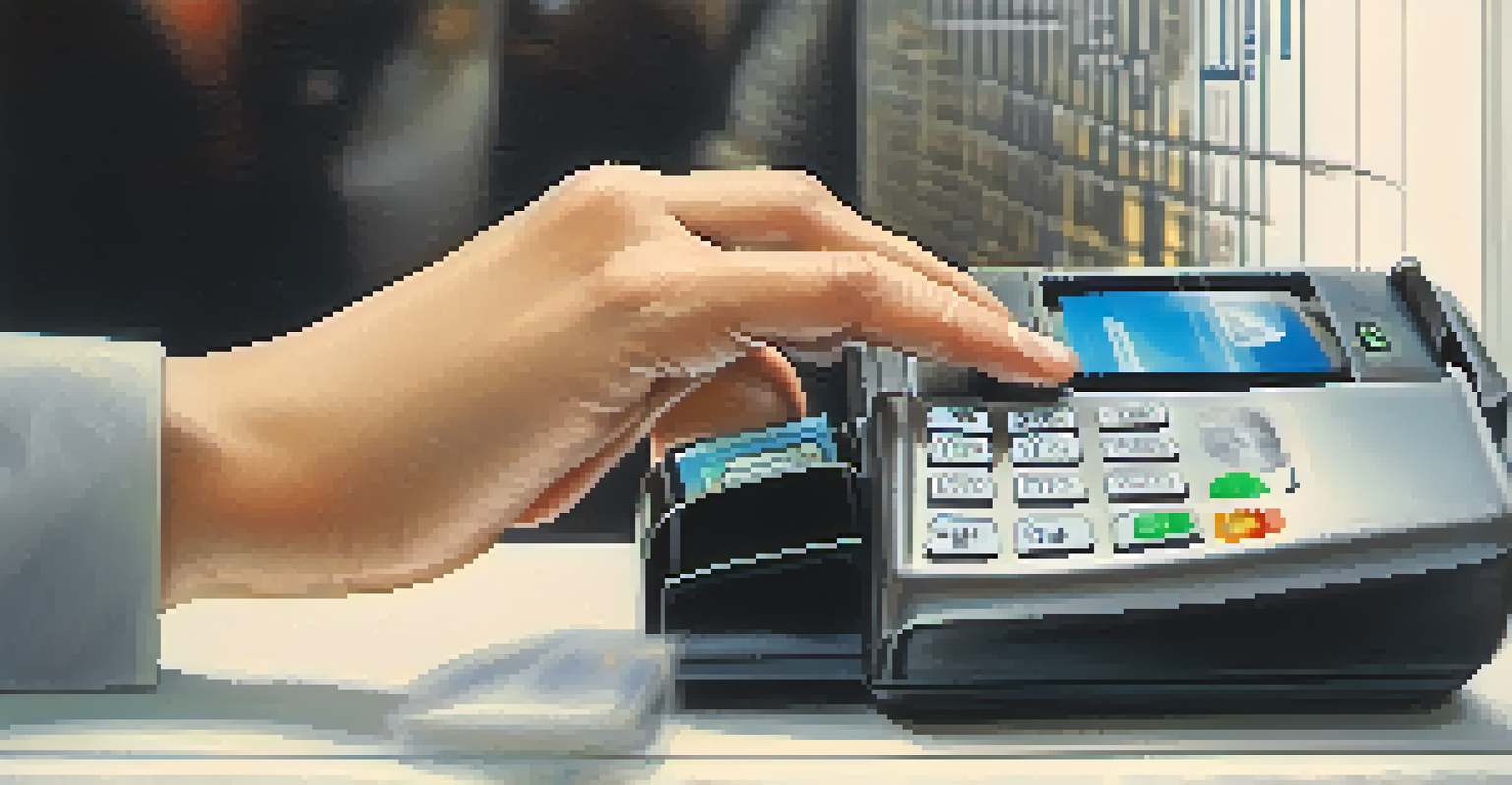 A close-up of a hand using a fingerprint scanner on a payment terminal.