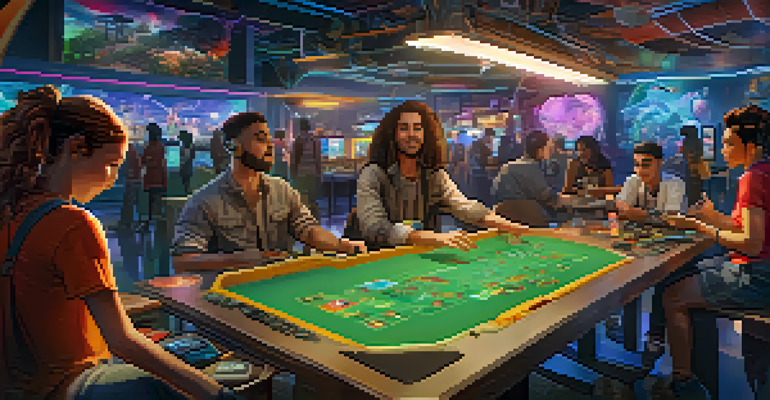 A dynamic scene of a gaming community collaborating in a virtual world, strategizing with avatars and colorful in-game assets.