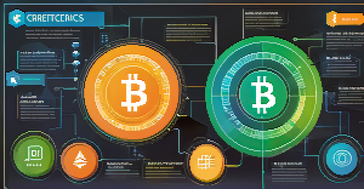A colorful infographic explaining cryptocurrency basics with icons and text on a gradient background.
