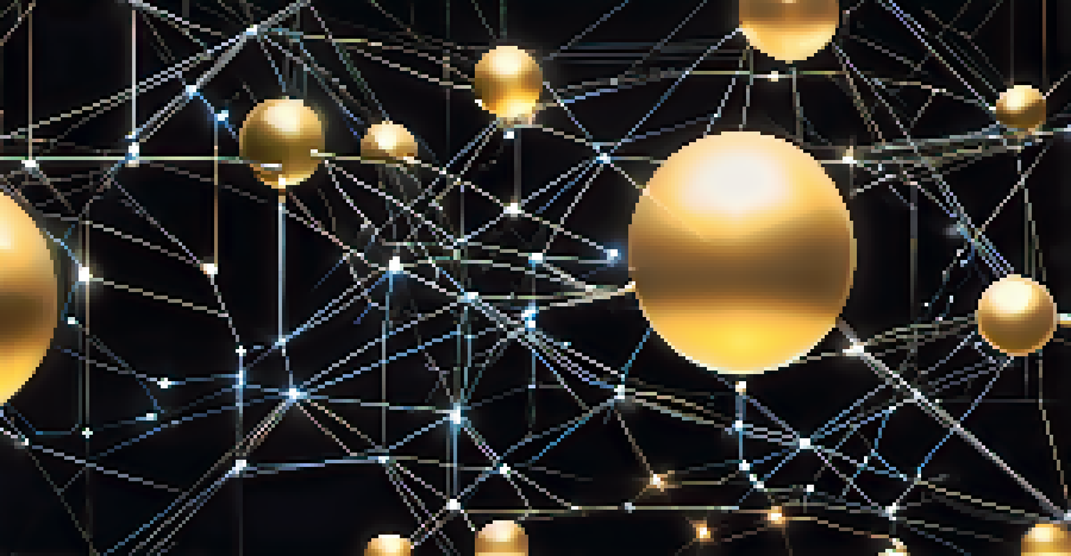 A visual representation of a blockchain network with glowing orbs and interconnected lines on a dark background.