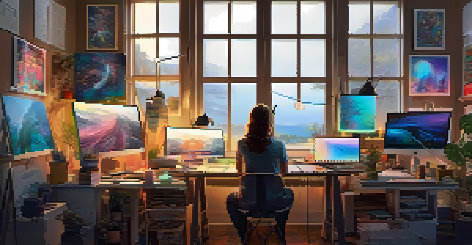 An artist creating NFT artwork on a digital tablet in a bright workspace filled with sketches and art supplies.