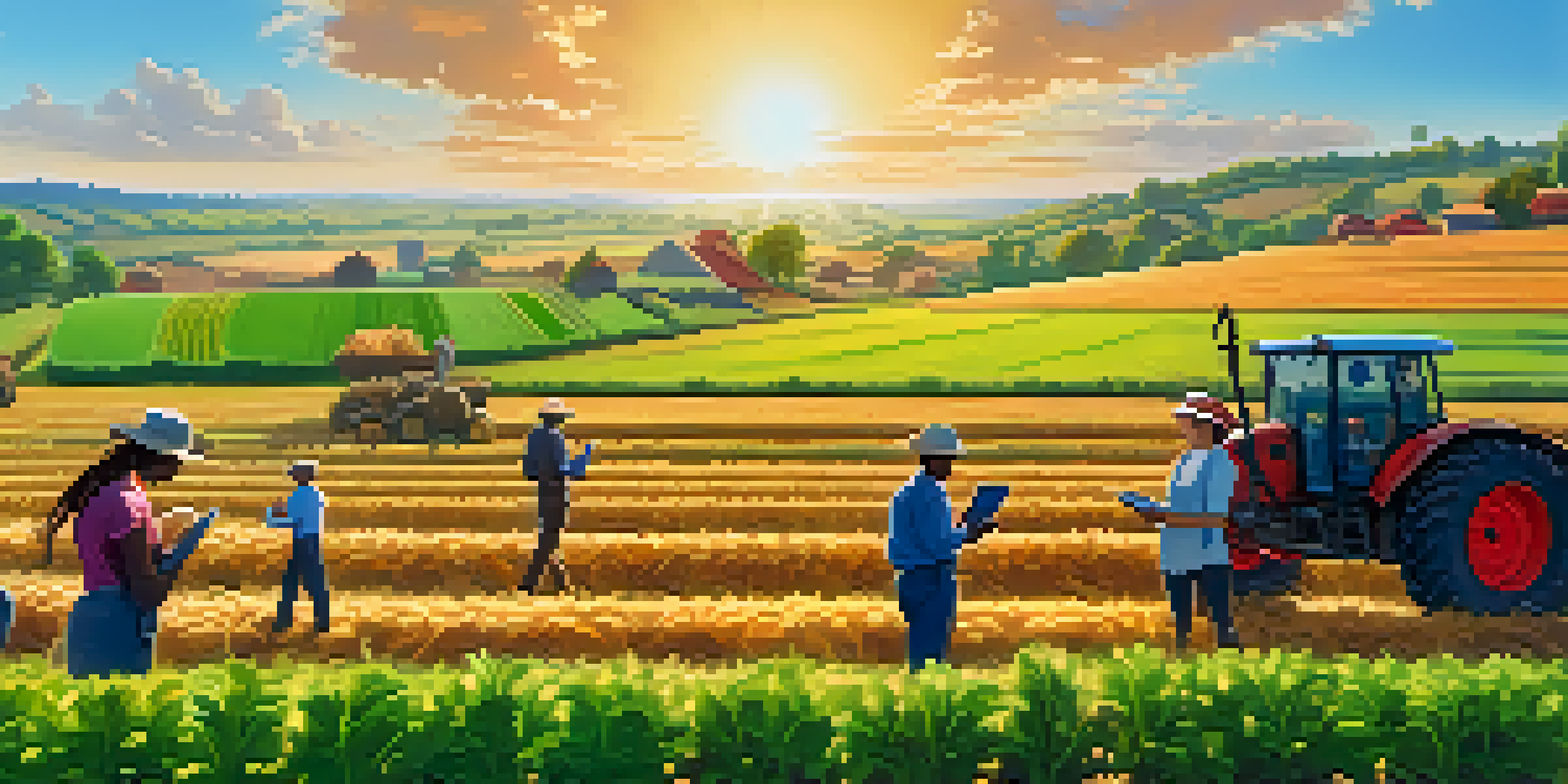 A rural landscape with farmers using mobile devices in fields, representing the integration of technology and agriculture.