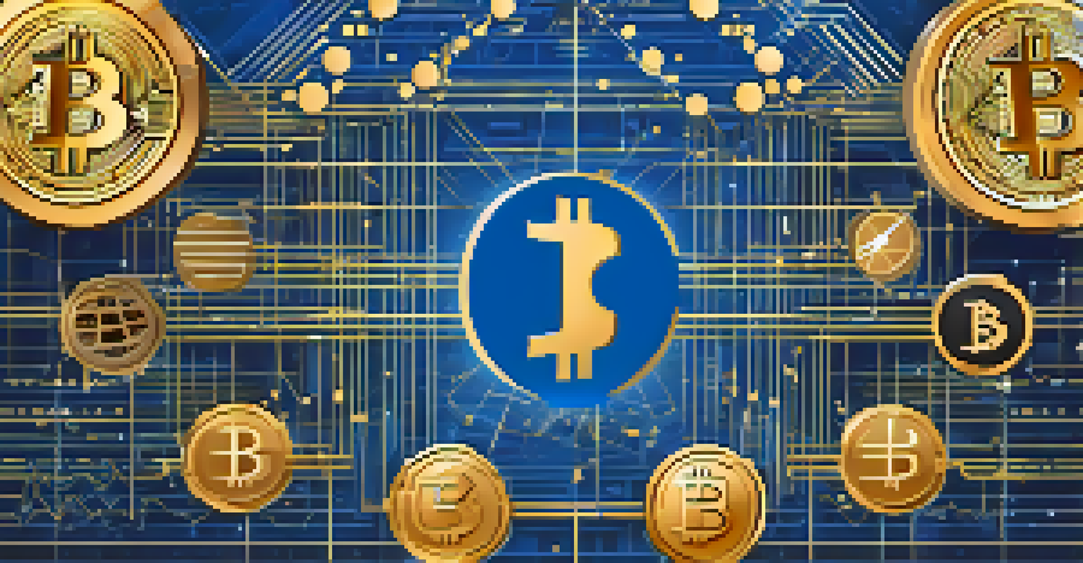An abstract image depicting cryptocurrency symbols blended with financial elements, showcasing innovation in finance.