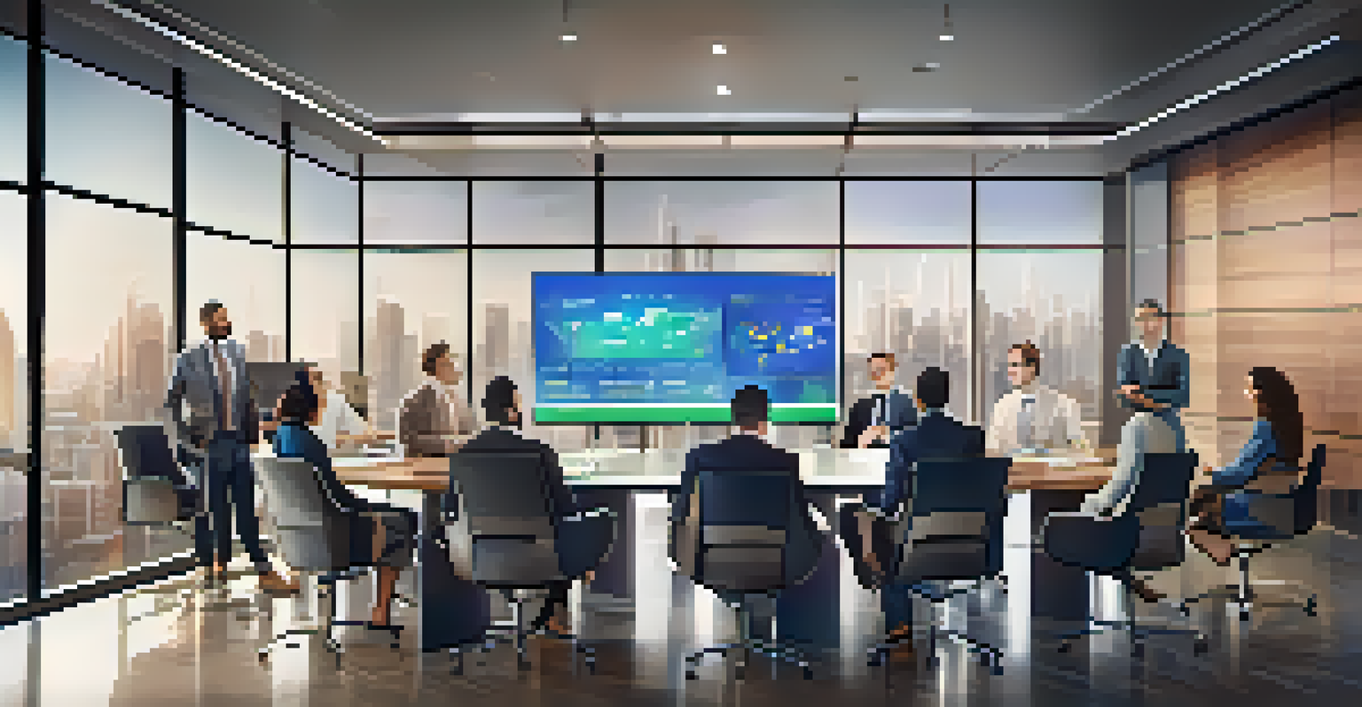 A diverse group of individuals discussing tokenized real estate investment in a modern office setting with digital screens.