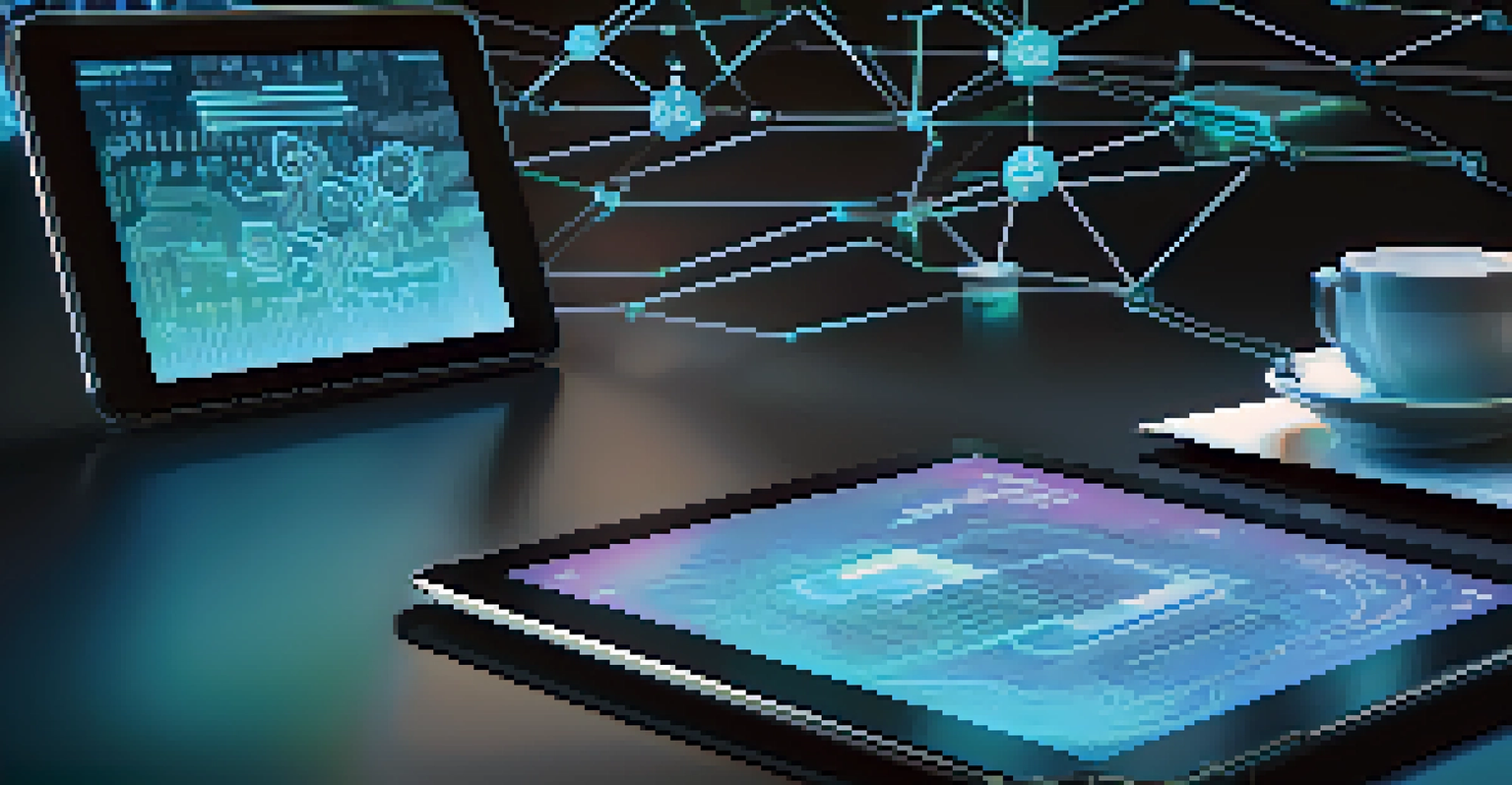 A digital tablet showing a smart contract interface with glowing code and holographic elements in a futuristic setting.