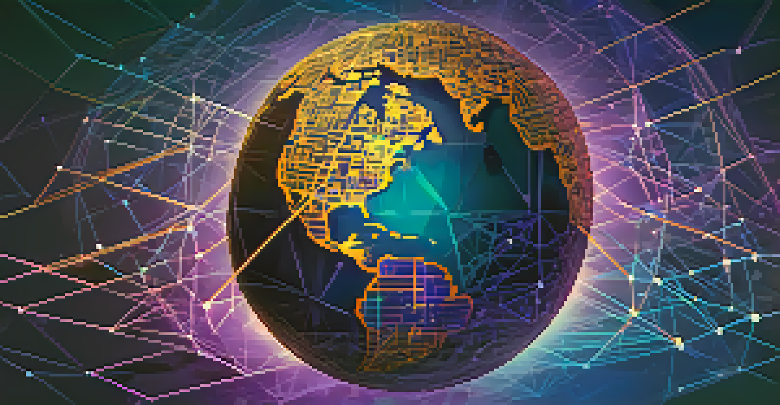 A globe surrounded by cryptocurrency symbols interconnected with digital lines, set against a deep blue and purple background.