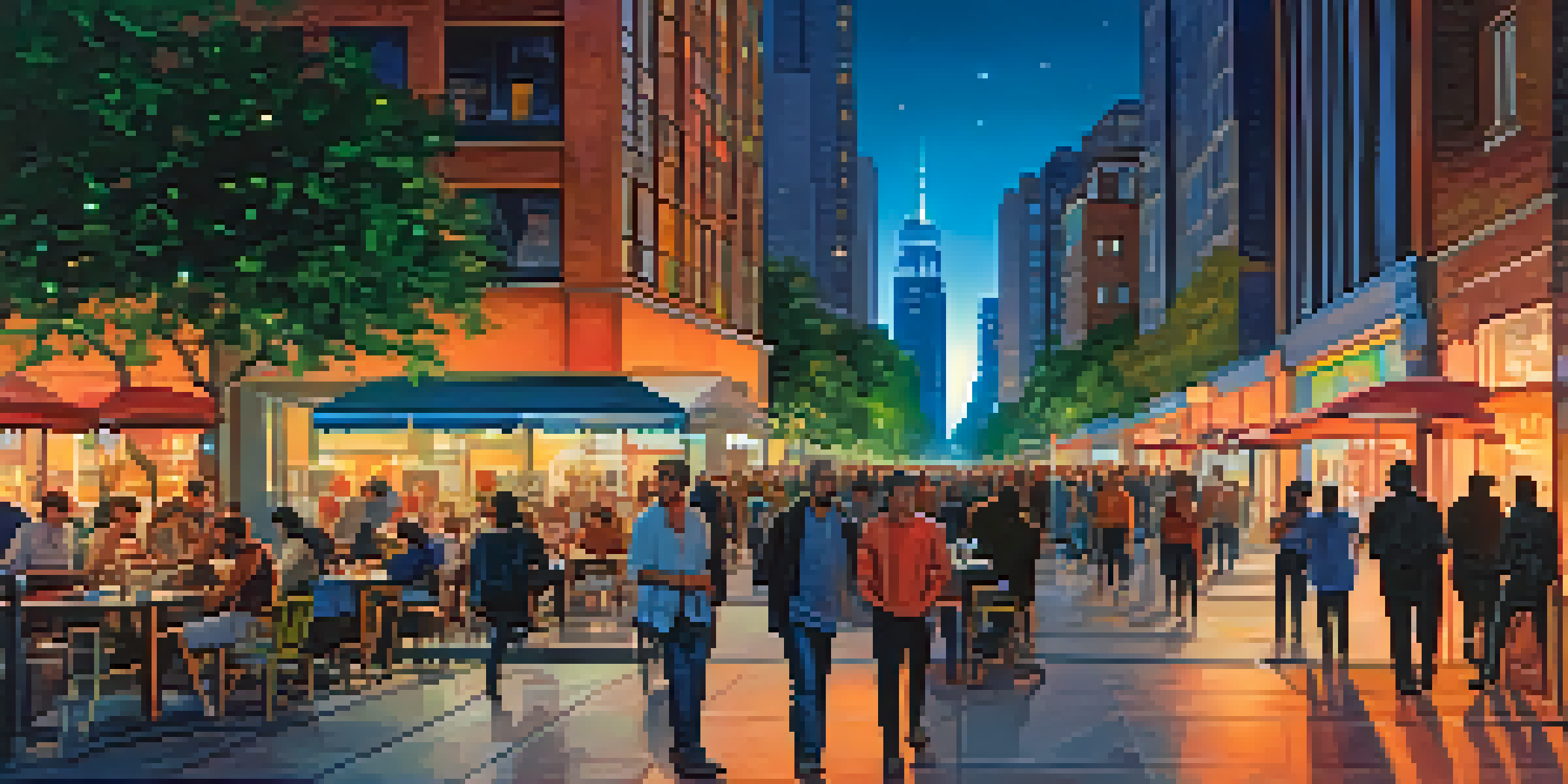 A lively city skyline at dusk with illuminated skyscrapers and a busy street filled with people and cafes.