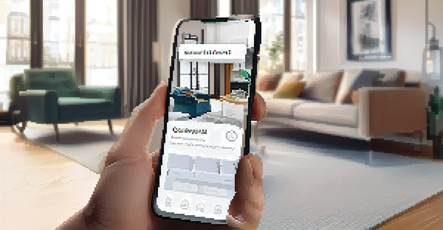 A hand holding a smartphone with a rental app and a stylish living space in the background.