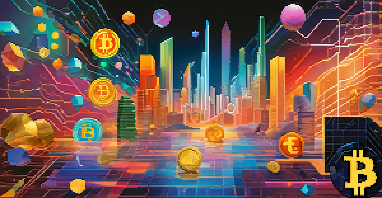 An abstract digital landscape representing cryptocurrency with vibrant colors and shapes, including blockchain and coins.