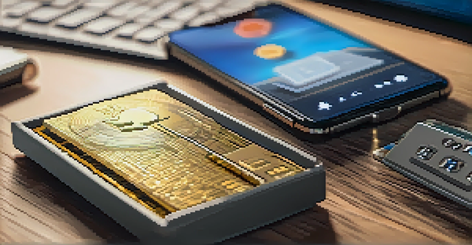 An image of a hardware cryptocurrency wallet on a desk with digital security symbols in the background.
