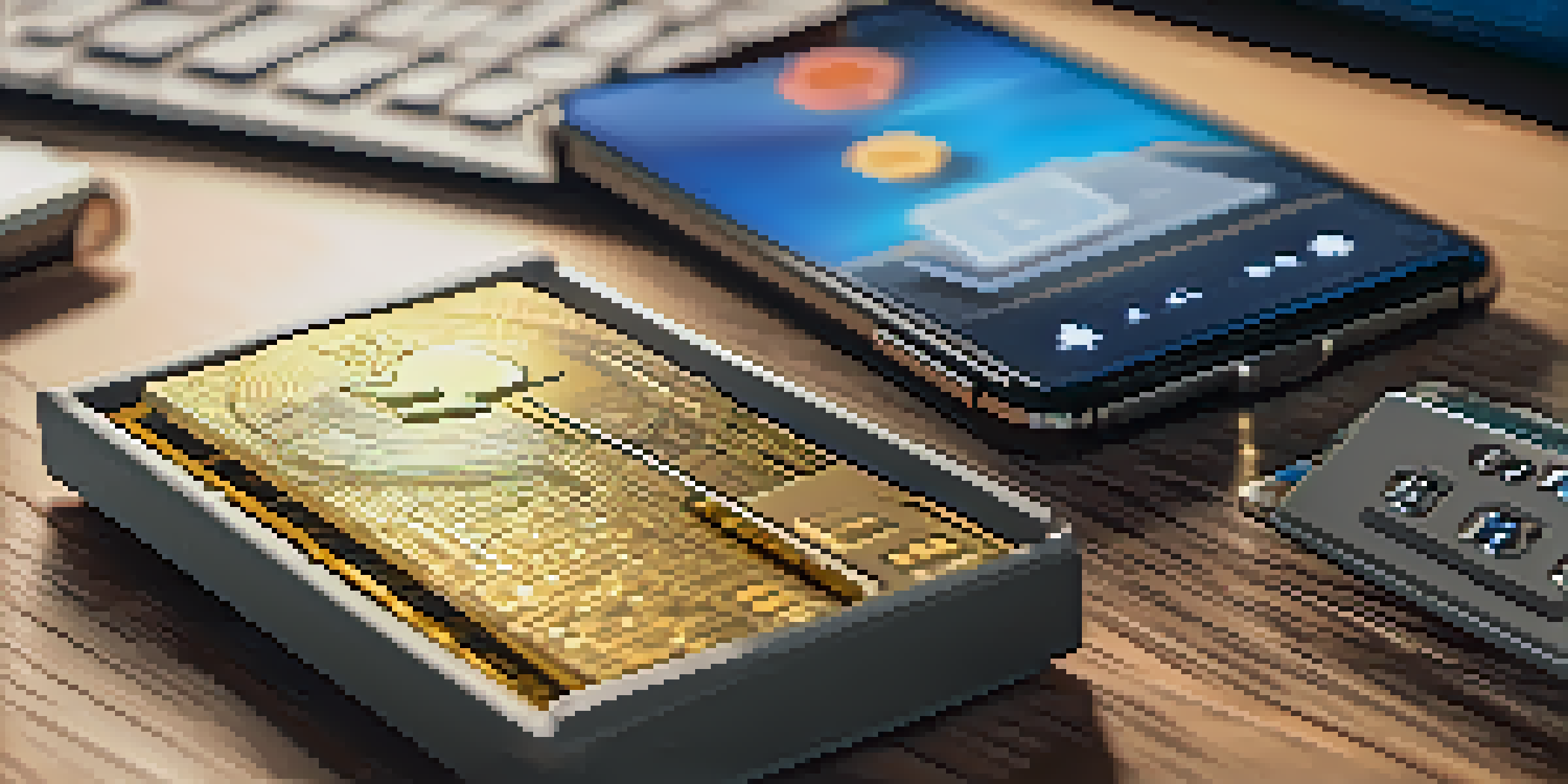 An image of a hardware cryptocurrency wallet on a desk with digital security symbols in the background.
